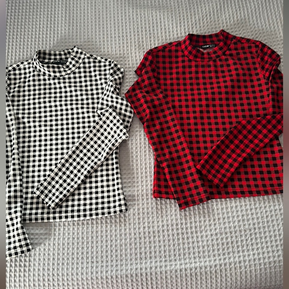 SHEIN Privé Gingham Mock Neck Slim Fit Tee Bundle